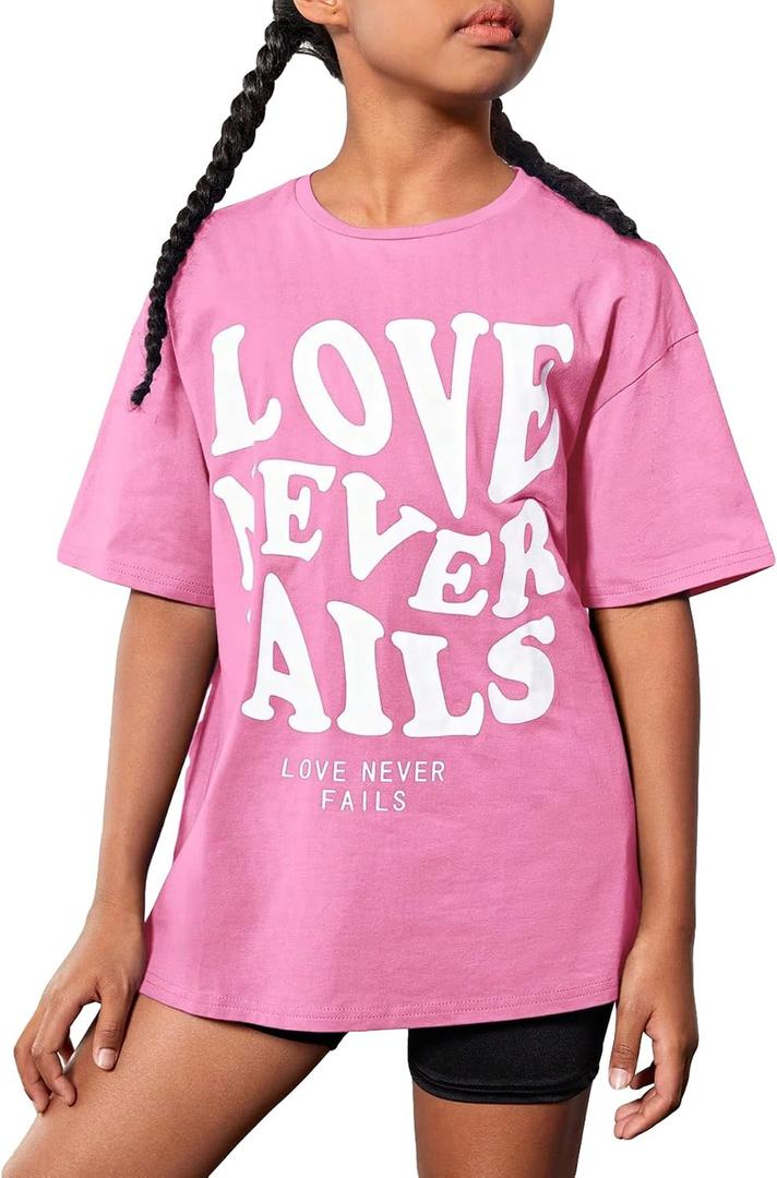WDIRARA Girl's Letter Print Round Neck Half Sleeve T Shirt Oversized Casual Tee (Pink)