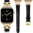 Leather Band Compatible with Apple Watch Bands for Women, Dressy Fancy Strap for iWatch Series 10/9/8/7/6/5/4/3/2/1/se/Ultra/Ultra 2(49mm 46mm 45mm 44mm 42mm,Black/Gold) 