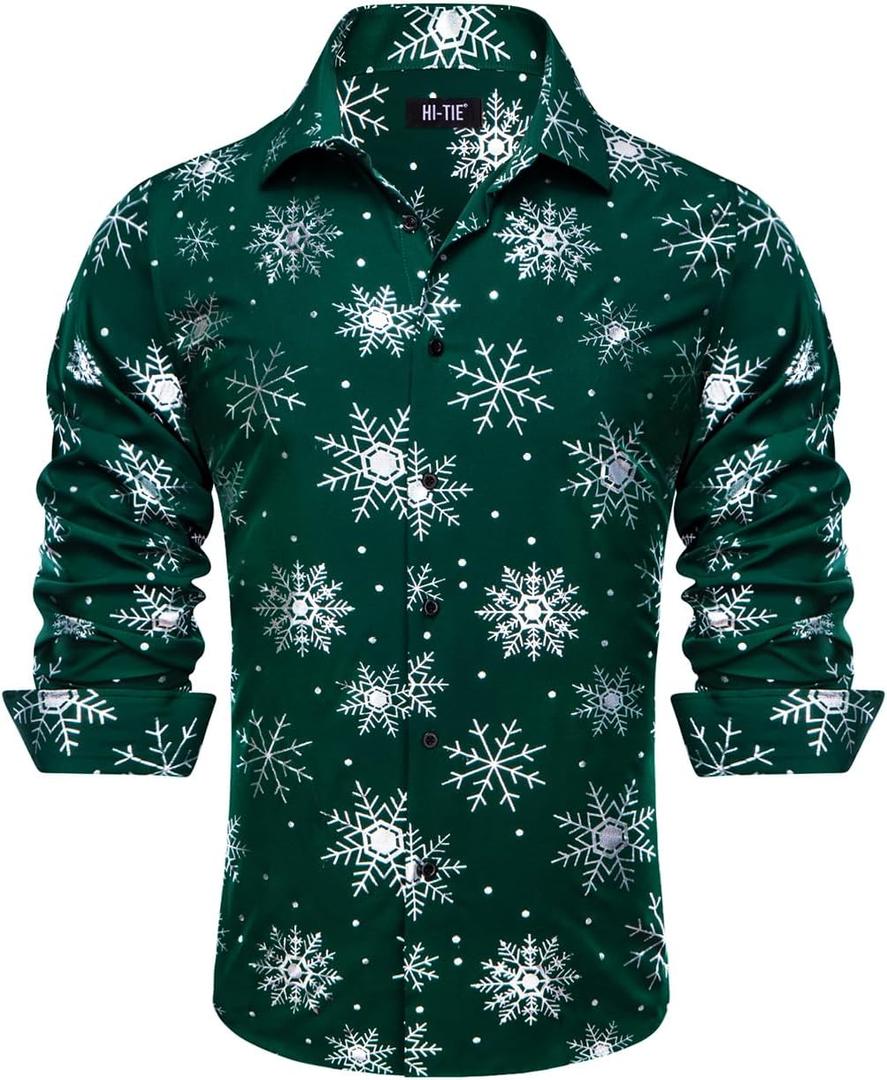 Hi-Tie Mens Christmas Dress Shirts Long Sleeve Casual Ugly Santa Claus Button Down Xmas Shirts for Men Party Holiday (Green, XXL)
