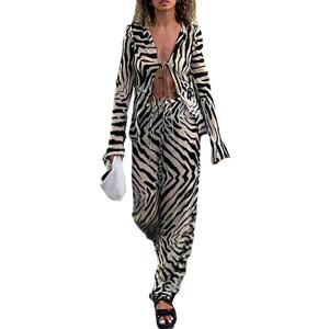THLAI Sexy 2 Piece Sets for Women Zebra Print Long Sleeve Tops and Wide Leg Pants Mesh Summer Clubwear Vacation Outfits, Size: Small