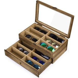 SRIWATANA Sunglasses Case Organizer for Women Men, 12 Slot Wood Eyeglass Eyewear Display Box with Glass Top, Gifts for Loved One, Carbonized Black