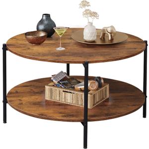 WLIVE Round Coffee Table, 32.6" Small Coffee Table with Storage Shelf, 2-Tier Circle Wood Center Table for Living Room, Apartment, Rustic Brown