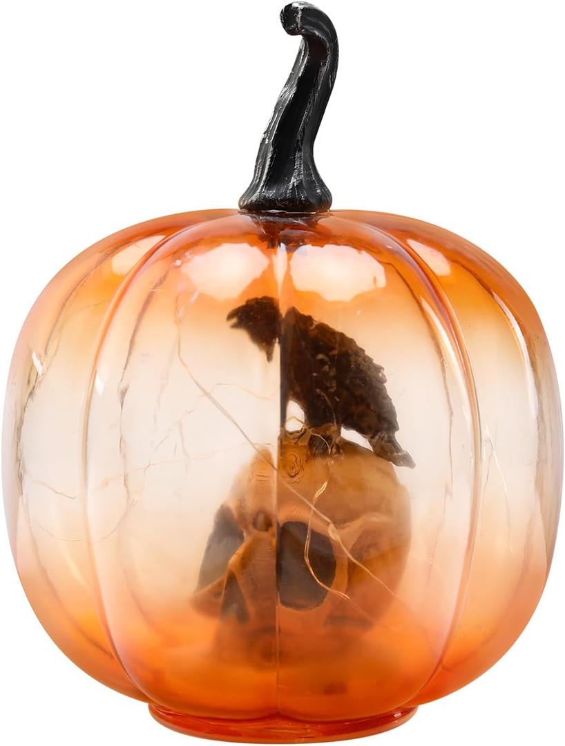 Afirst Halloween Decorations Indoor Lighted Halloween Fall Pumpkins Illuminated Glass Pumpkin with Skull Crow for Thanksgiving Fireplace Tabletop Party Home Bedroom Decor Gift