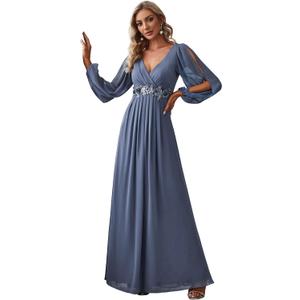 Ever-Pretty Women's V Neck Long Sleeves Floor Length Ruched Chiffon A-Line Formal Evening Dress Mother of Bride Dresses 00461 (12)