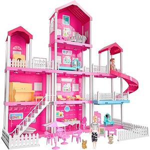 Pink Villa Playset for Girls Ages 3-7, 4-Story 10-Room House with 2 Dolls, Furniture & Accessories, Pretend Play Toddler Toy, Birthday Gifts for Kids 3-8