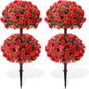 Daifunli 28 Inch Set of 2 Artificial Flowers Topiary Tree Double Ball Boxwood with Spikes for Outdoor UV Resistant Faux Shrubs, Realistic Fake Bushes for Garden Front Porch Patio Decor(Red)