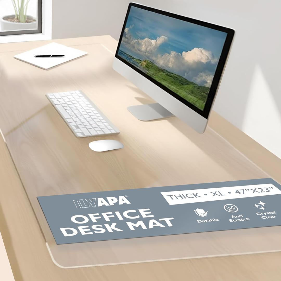 Ilyapa Office Desk Pad, Clear Textured Mat - 47x23 Inch Plastic Clear Desk Protector for Home or Office, Computer Mat Full Mouse Pad (47 x 23 Inch), 23x47 inches