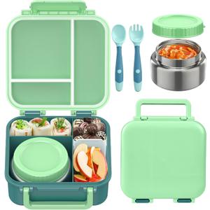 Bento Box for Kids with Soup Thermos(9oz) Kid Bento Lunch Box with Leak Proof Insulated Food Jar, Hot & Cold Lunch Container Set for School Girls Boys, 4-Compartments, Dishwasher Safe, Green