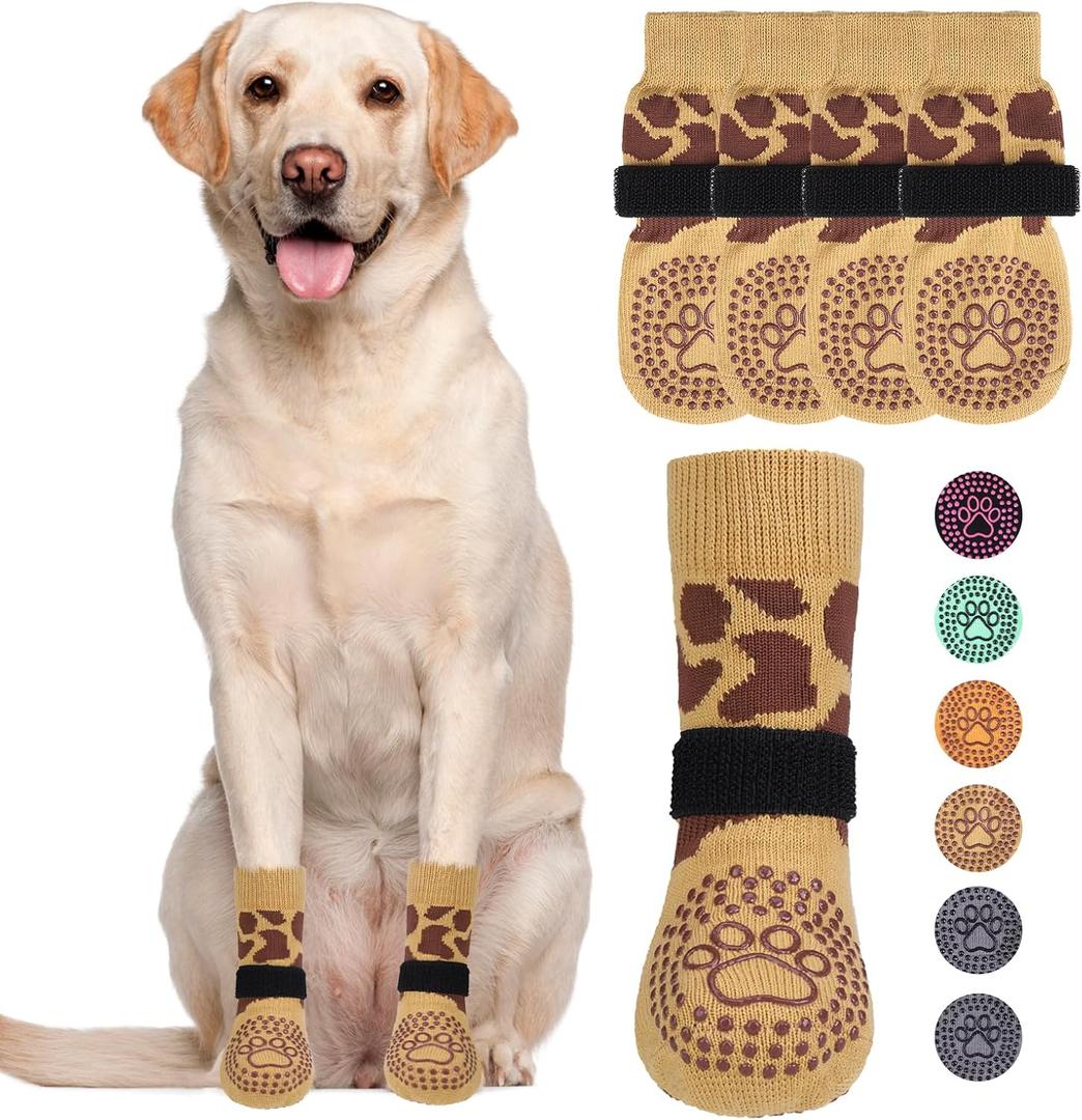 KOOLTAIL Dog Socks for Hot/Cold Pavement to Prevent Licking Paws,Dog Boots&Paw Protector for Hardwood Floors Anti Slip,Traction Control No Twist Grip Booties for Small Medium Large Senior Dogs (Large (4 Pack), Deer Khaki)