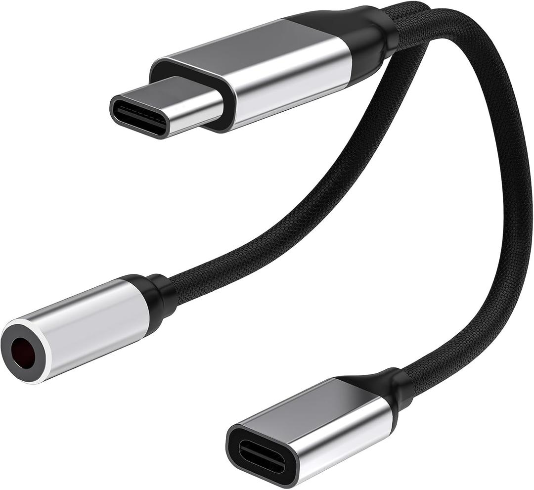 2 x USB C to 3.5mm Headphone and Charger Adapter, 2-in-1 USB C to Aux Jack Dongle Cable Cord with PD 60W Fast Charging for iPhone 16 Pro/15 Pro Max, iPad Pro, Galaxy S23/S22/S21/S20 Ultra, Pixel
