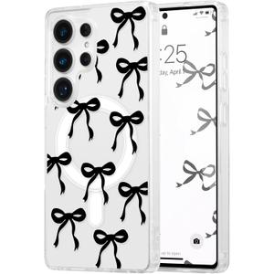 UEEBAI Magnetic for Samsung Galaxy S24 Ultra Case, Bow Case Compatible with MagSafe, Wireless Slim Clear Ribbon Aesthetic Phone Cover Anti-Yellowing Shockproof Protective Cover for Women Girl - Black