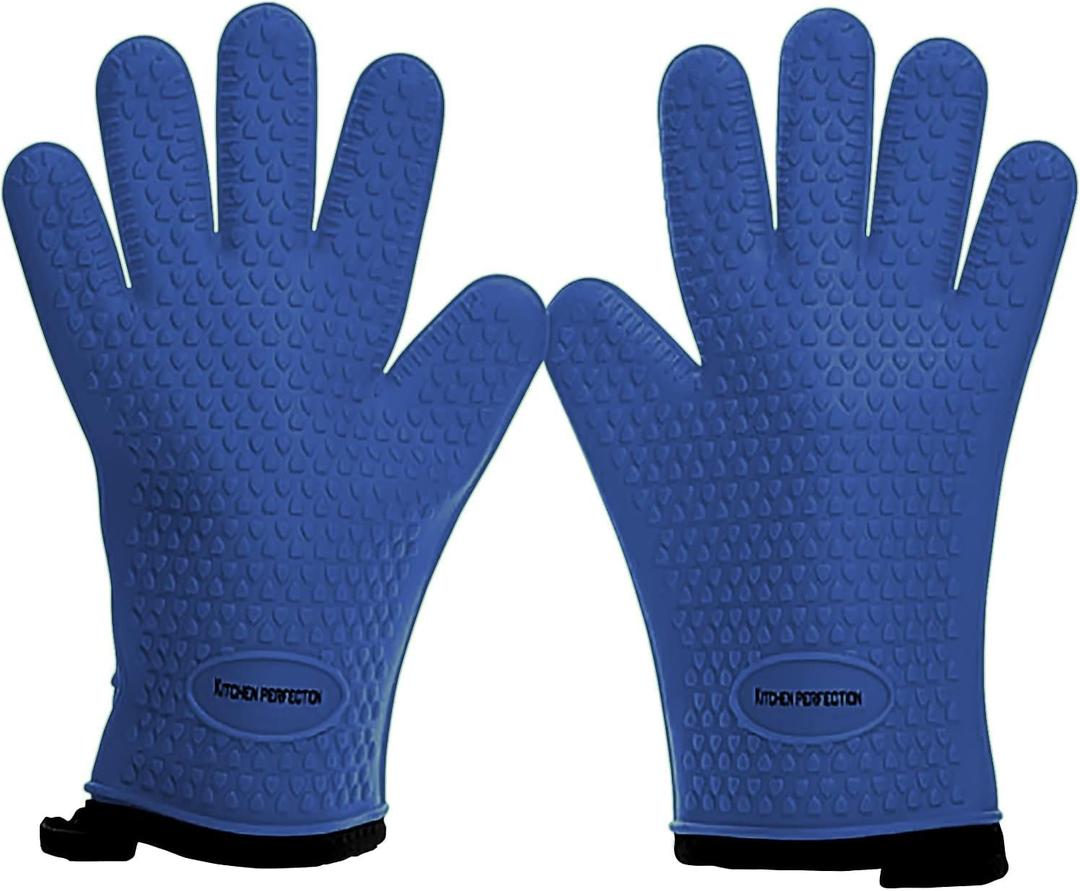 KITCHEN PERFECTION XL Silicone Smoker Oven Gloves-Extreme Heat Resistant BBQ Gloves-Handle Hot Food Right on Your Grill Fryer&Pit|Waterproof Grilling Cooking Baking Mitts|Superior Value Set+3 Bonuses (Classic Blue)