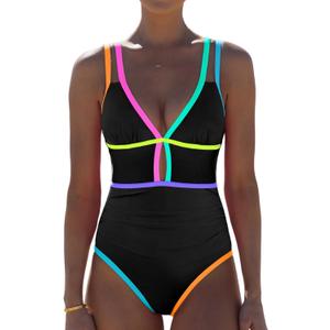 popvil Women One Piece Swimsuit 2026 Tummy Control Sexy Cutout Neon Color Block Bathing Suit Slimming Adjustable Swimwear (Large, Black2)