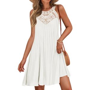 ZESICA Women's 2025 Summer Halter Chiffon Mini Dresses Sleeveless Hollow Out A Line Flowy Ruffle Beach Vacation Sundress (White, XL)