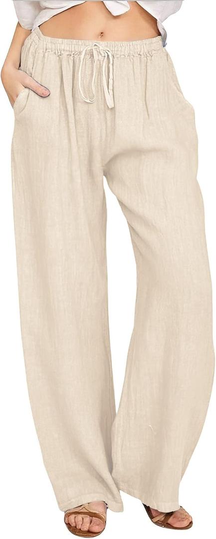 CHARTOU Women's Summer Drawstring Waist Wide Leg Loose Cotton Linen Palazzo Pants (Beige, XL)