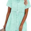 GRAPENT Denim Dress for Women Babydoll Tiered Short Sleeve Button Down Jean Shirt Dresses (Large, Verdant Green)