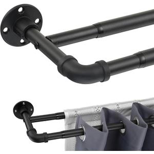 Double Curtain Rods for Windows 28 to 48 inch, 1 inch Matte Black Industrial Curtain Rod Heavy Duty Blackout Wrap Around Curtain Rods (29"-50")