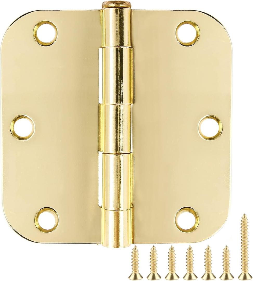 6 Pack Rounded Door Hinges 3.5 inch X 3-1/2" 5/8 Radius, Polished Brass 3  Inch Gold Interior Standard Hinge for Bedroom Wood/French Style Clear Glass Doors Easy Install Hardware Decor Accessories