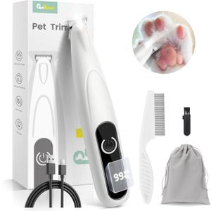 Dog Grooming Kit with LED Display, 35dB Ultra-Low Noise Dog Paw Trimmer, Cordless Hair Trimmer for Paws, Ears, Face, Rump with LED Light (White)