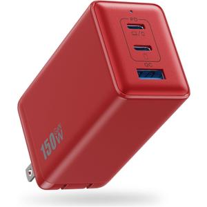150W USB C Charger Block, GaN III Compact Foldable Wall Charger 3 Port Fast Charging Station, PD QC PPS Portable USB C Hub 100W Laptop Adapter for MacBook Pro/Air, iPad, iPhone 17/Pro, Galaxy S24,Dell etc (Red)