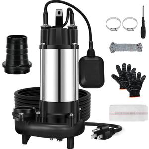 1HP Sewage Sump Pump, 110v 6400GPH Sewage Grinder Pump, Stainless Steel, Automatic Float Switch, Cast Iron Impeller, 2'' Npt Discharge, Submersible Sewage Pump for Basement, Sump Basin, Residential