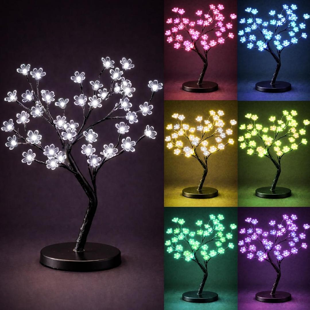 Lighted Cherry Blossom Tree, 48 LED 16 Colors 4 Modes Plug in Artificial Bonsai Tree with Remote for Home Decor Halloween Thanksgiving Christmas Wedding Party, Bend to Shape, Black Base 18 Tall