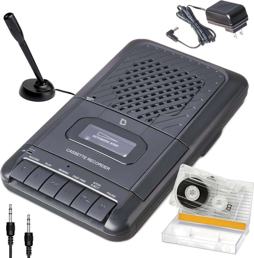 Portable Cassette Player Tape Recorder. Record to Cassettes via Mic or Aux in. Built-in Speaker to Listen to Cassettes. Includes External Mic, Aux in Cable and AC Adapter