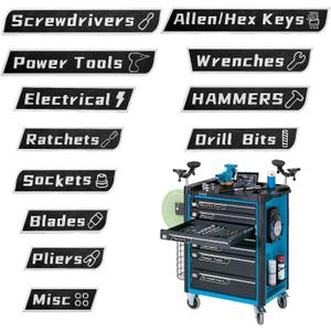 12 Pack Magnetic Toolbox Labels with Tool Icons - Upgraded Strong Magnets, Reusable No Glue Drawer Tags for Garage Workshop Organization(Black)