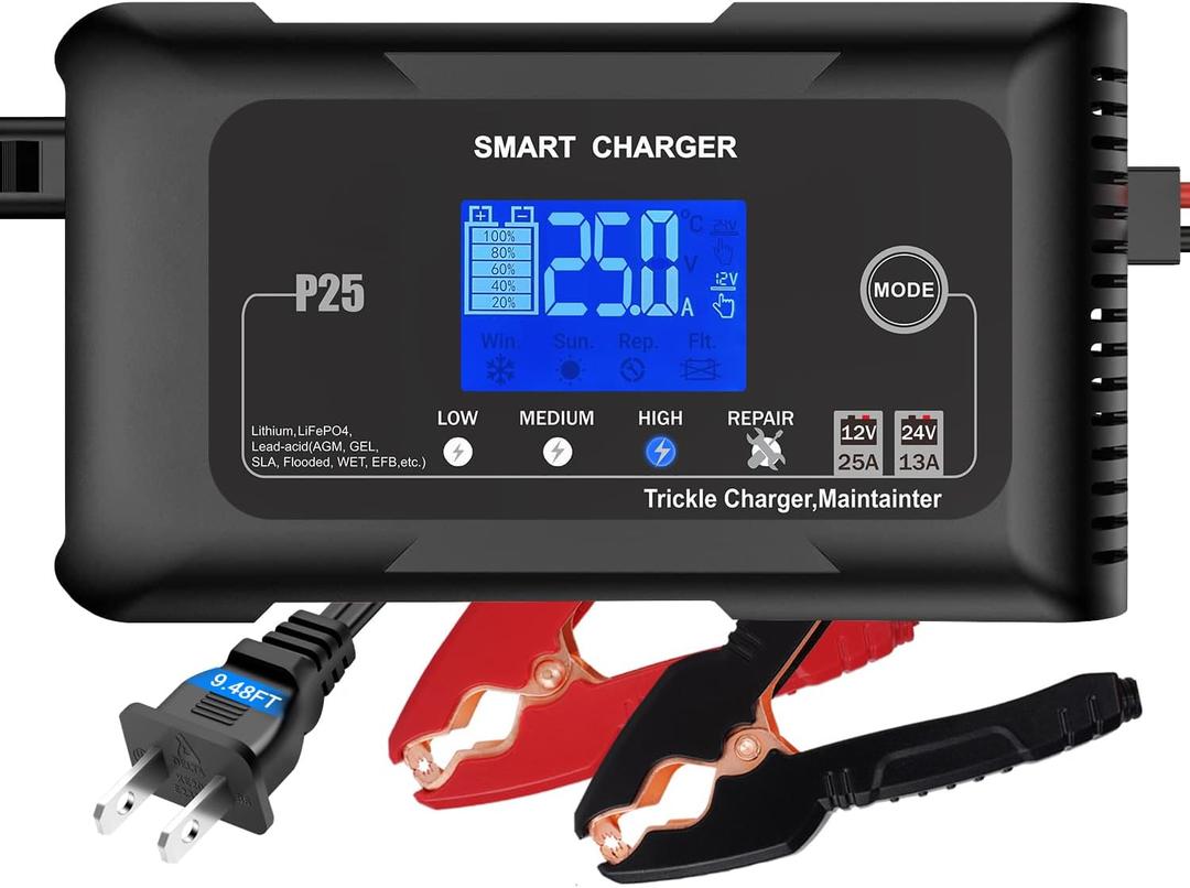 Battery Charger 0-25A,12V/24V LiFePO4 Battery Charger for Lithium,Lead Acid,AGM,RV,Marine,Boat, and Deep Cycle Batteries,9 Stage with Pulse Repair,Smart Car Trickle Charger & Maintainer
