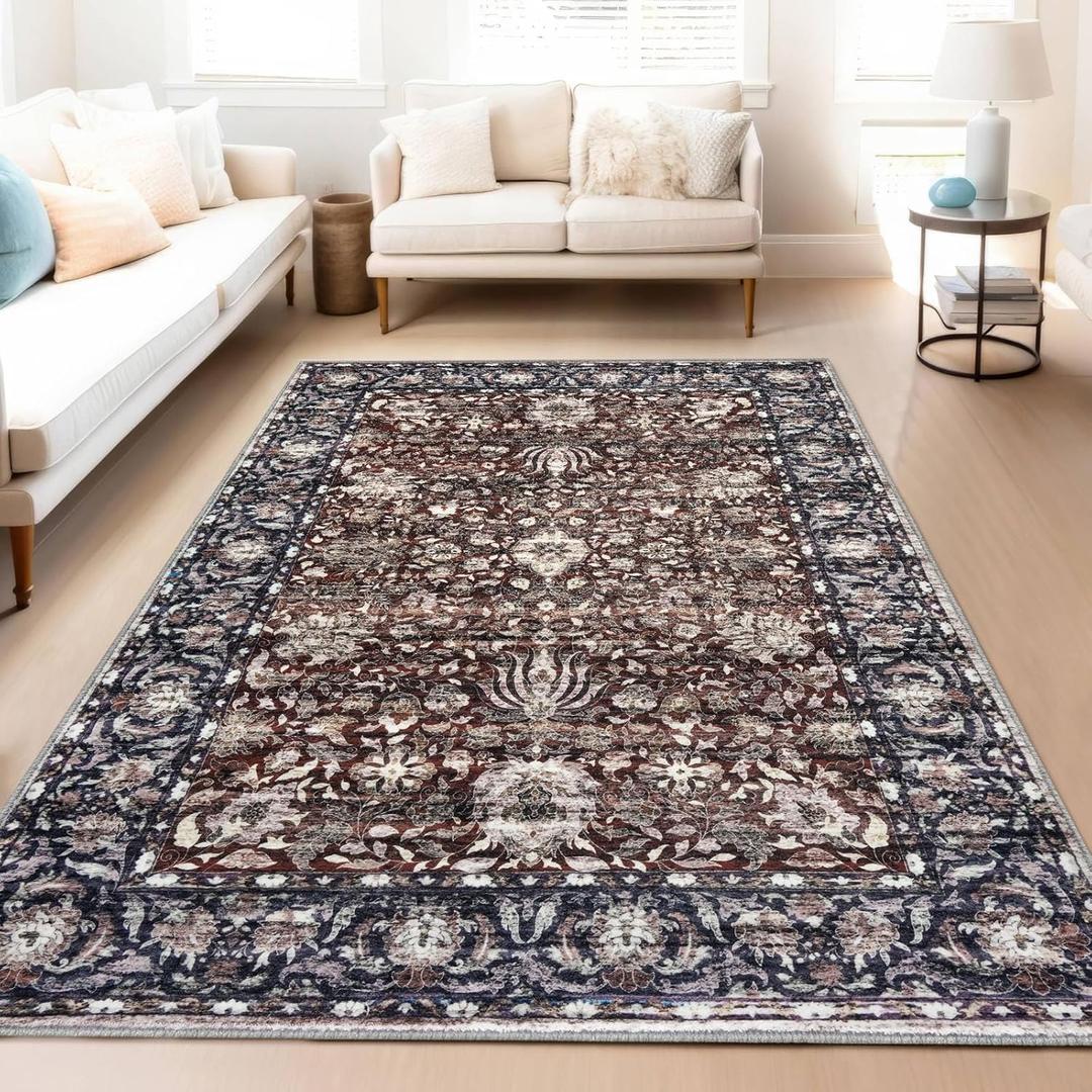 SILOLOOM Area Rug 9x12 Living Room Bedroom Machine Washable Printed Vintage Floral Carpet Non-Slip Low Pile Distressed Boho Rug for Laundry Dining Farmhouse, Brown