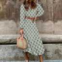 LOLONG Women's Casual Button Front Midi Dresses Spring 2025 Puff Long Sleeve Printed Ruffle Hem Boho Flowy Dress (M)