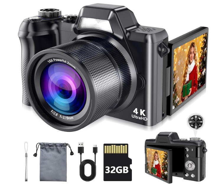 4K Digital Camera for Photography & Vlogging, 56MP Point and Shoot Digital Cameras with 180° Flip Screen, 16X Zoom Compact Travel Camera, Portable Cámara for Adults & Beginners with 32GB SD Card