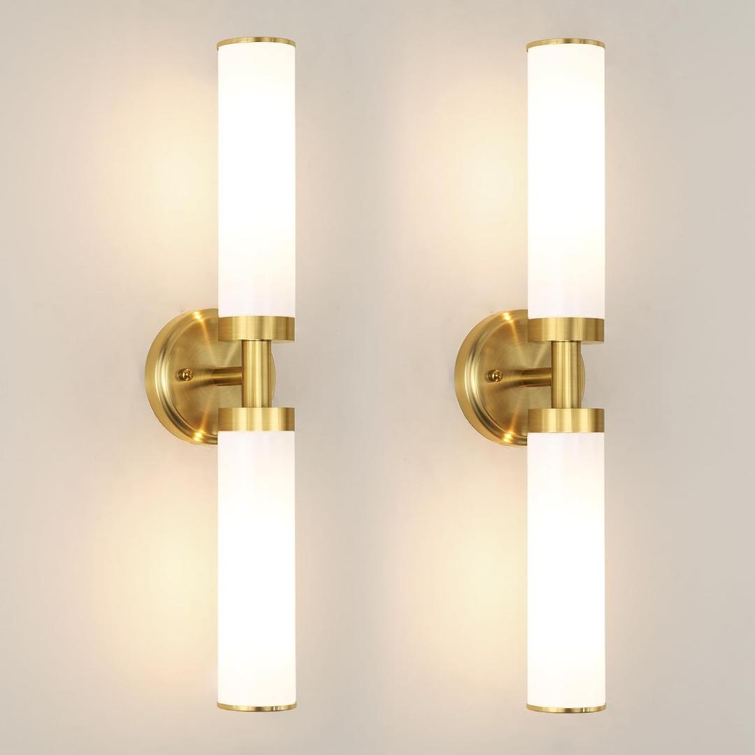 Antique Gold Wall Sconces Set of 2, Modern Bathroom Vanity Lights for Mirror, Wall Light Fixtures with Milk Glass for Bathroom, Bedroom, Hallway, E26 Base, Bulbs Required, 22.05 Inch