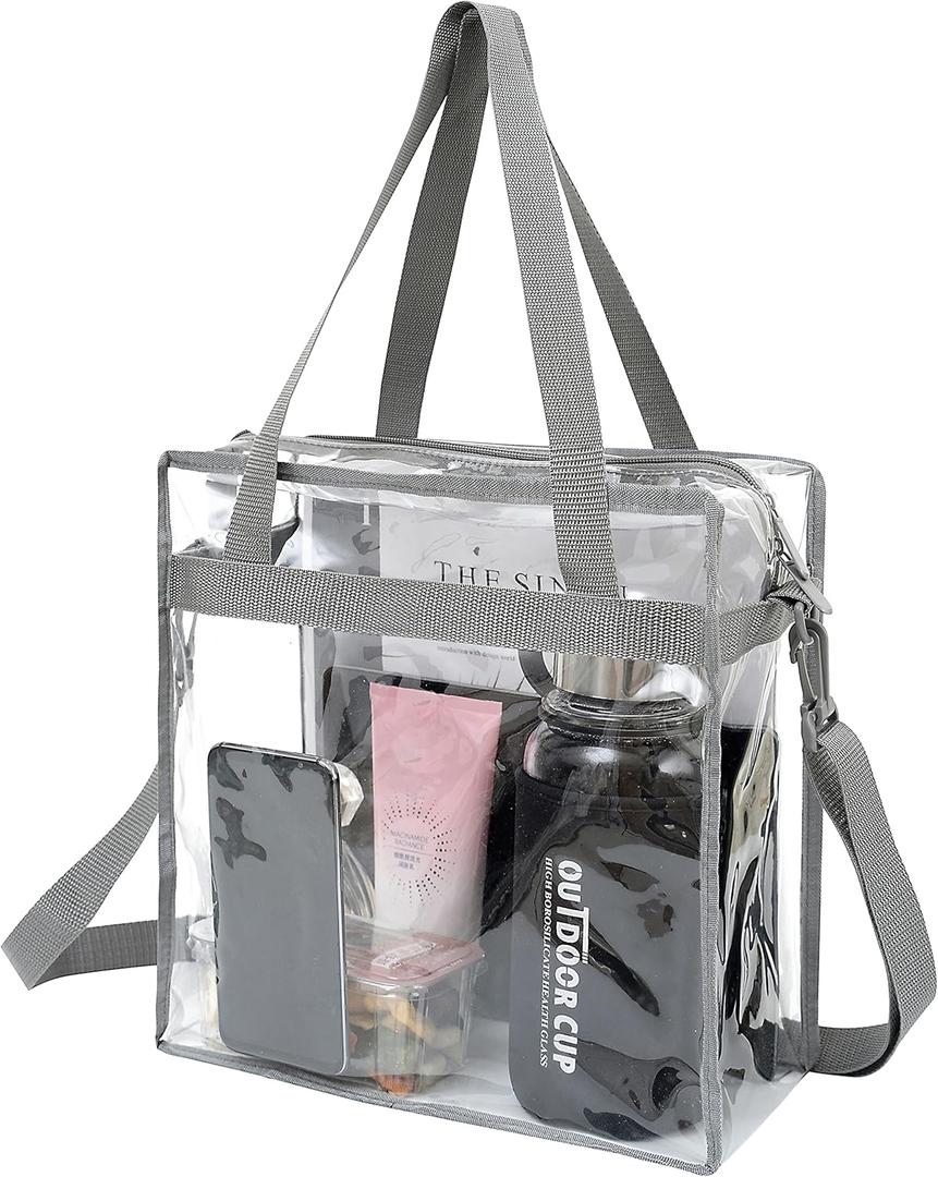 BAGAIL Clear Bags 12x6x12 Stadium Approved Clear Tote Bag with Zipper Closure Crossbody Shoulder Bag with Adjustable Strap (Grey)