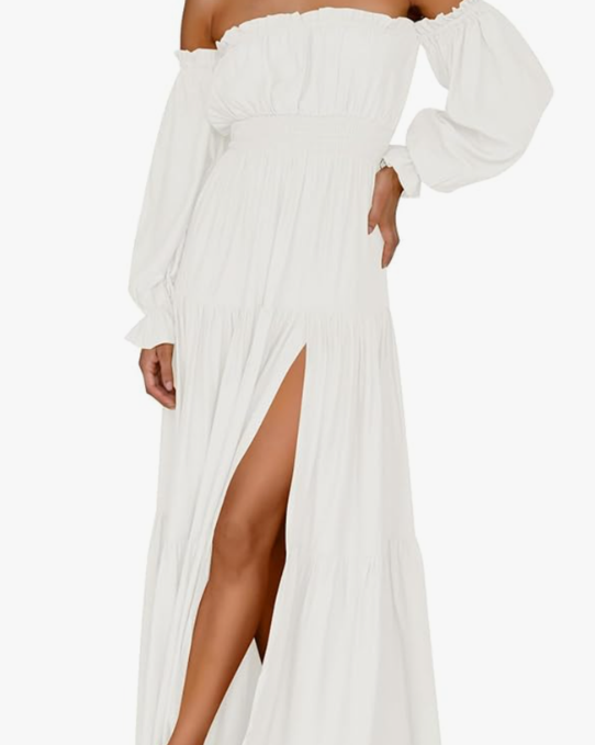 ZESICA Women's 2025 Boho Sexy Off Shoulder Long Sleeve Smocked High Waist Side Split Flowy A Line Tiered Long Maxi Dress Size M