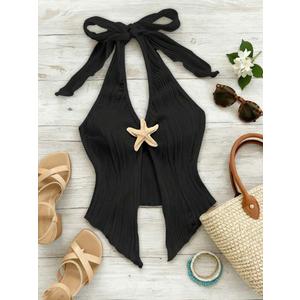 BEAUDRM Women's Y2k Textured Halter Going Out Top Starfish Deco Tie Backless Sleeveless Vest Tank Tops Party Clubwear Black Small