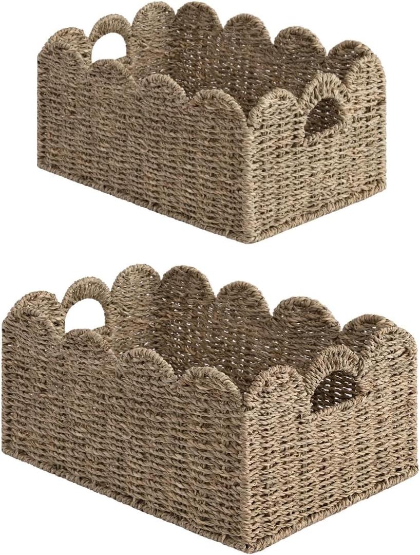StorageWorks Scalloped Edge Wicker Basket, Hand-woven Rattan Baskets with Built-in Handles, Seagrass Basket for Organizing and Decor, 2 Pack (15" L x 11" W x 7" H, Natural(Seagrass))