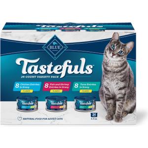 Blue Buffalo Tastefuls Flaked Wet Cat Food Variety Pack, Made with Natural Ingredients, Tuna, Chicken, Fish & Shrimp, 5.5-oz Cans (24 Count, 8 of Each), BBD 03/24/2028