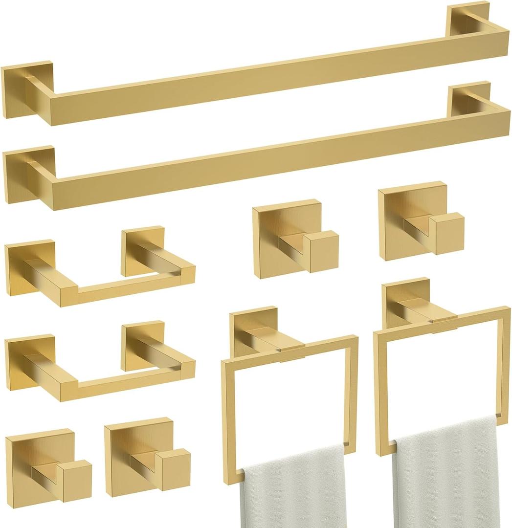 TURS 10-Piece Bathroom Hardware Accessories Set Brushed Gold Towel Bar Holder Set SUS304 Stainless Steel Towel Racks for Bathroom Wall Mounted, 23.6-Inch