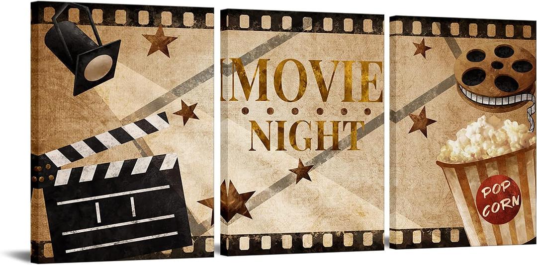 HOMEOART Home Movie Theater Room Decor Home Theater Painting Movie Night Decor Sign Vintage Brown Stretched Framed Ready to Hang 12"x16"x3 Pieces