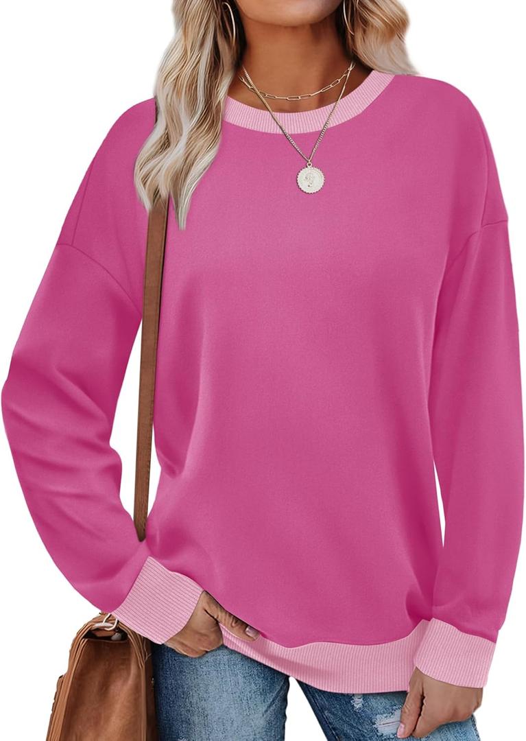 Saloogoe Sweatshirts for Women Crewneck Long Sleeve Loose Fit Tops Color Block Ribbed Trim Fashion 2025 (S)