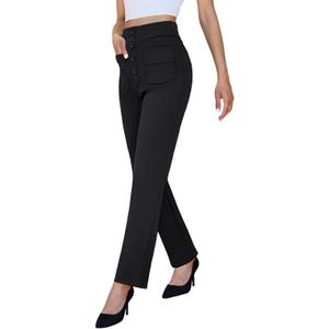 keriffe High Waist Stretchy Womens Dress Pants with Pockets Straight Leg Business Casual Work Trousers Office Slacks (Black, L)