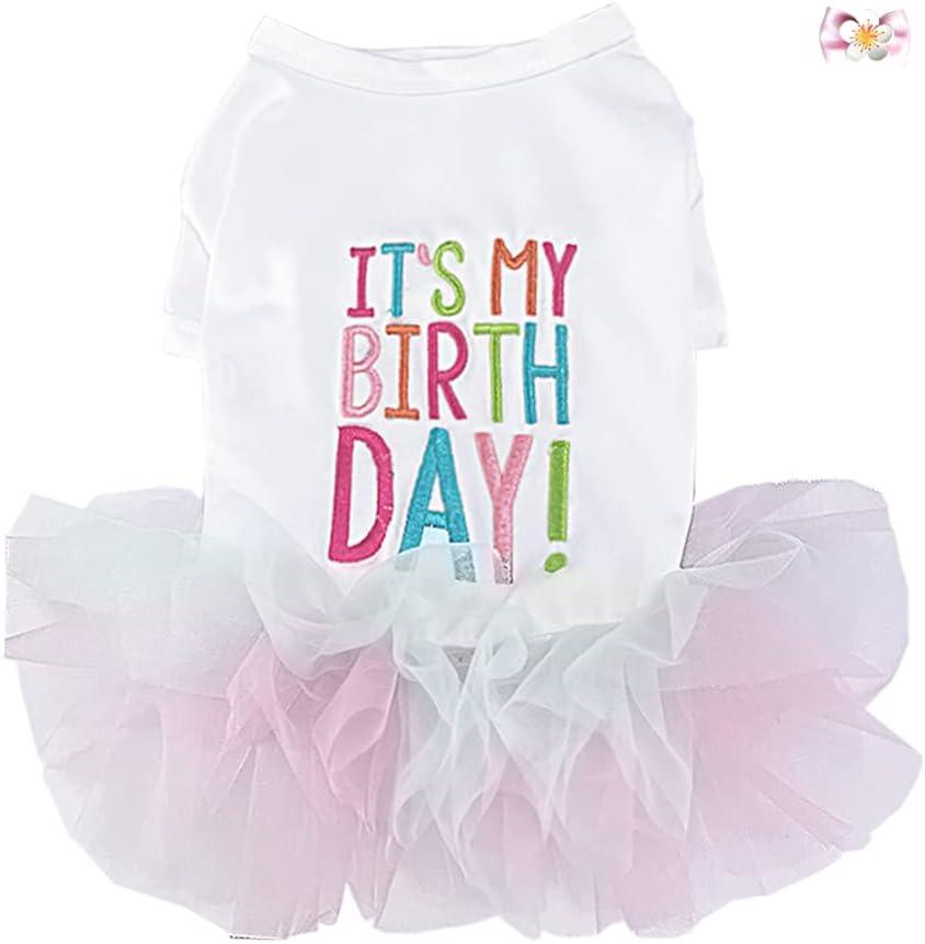 ANIAC Girl Dog Birthday Tutu Dresses Puppy Lace Skirt and Hairpin Cat Birthday Princess Dress Pet Clothes for Cats Small Dogs (Medium, White)