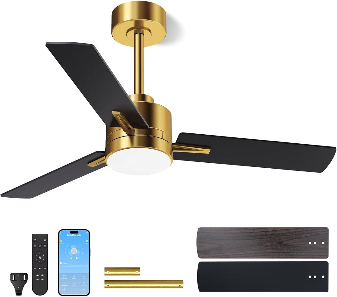 LANMEL 42'' Black and Gold Ceiling Fans with Lights and Remote, 6 Speed Low Profile Modern Ceiling Fan with Quiet DC Motor for Indoor Outdoor Bedroom Living Room