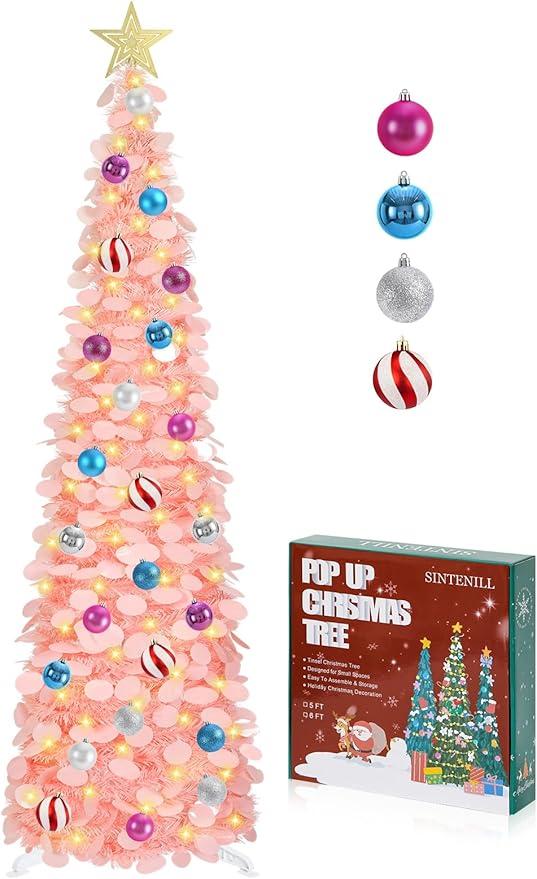 SINTENILL 5 FT Pop Up Christmas Tree with Timer Lights and Decorations, Pink Tinsel Artificial Christmas Tree with 24 Balls Ornaments, Collapsible Pencil Tree for Xmas Home Office Party Decor