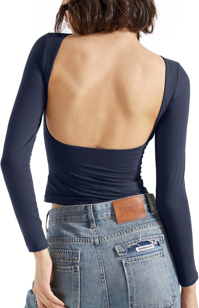 SUUKSESS Women Backless Going Out Tops Double Lined Open Back Basic Long Sleeve (Medium, Navy)
