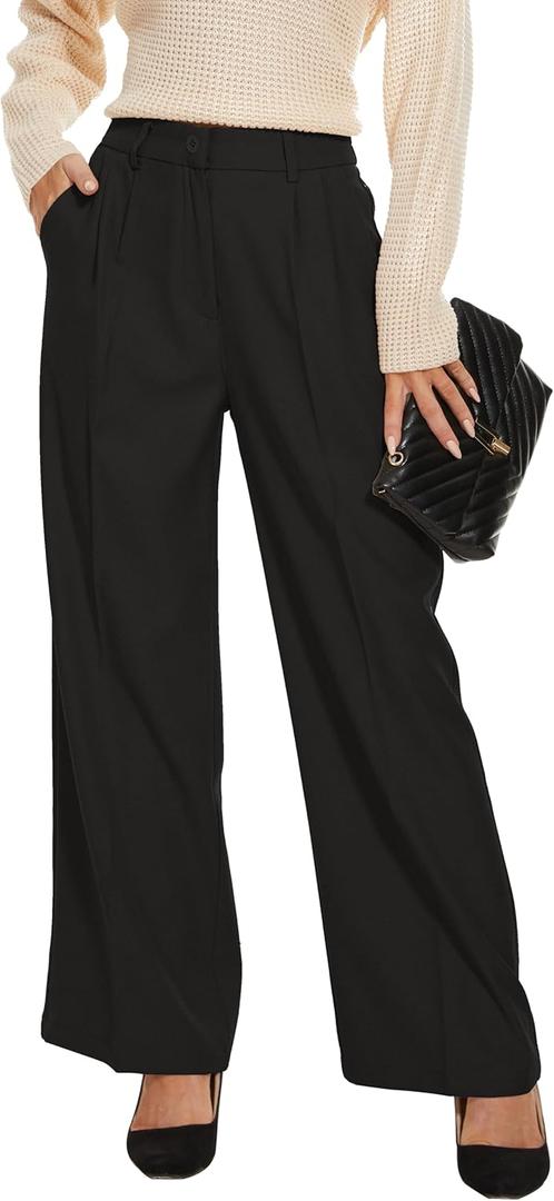 FUNYYZO Wide Leg Pants Women's High Elastic Waisted in The Back Business Work Trousers Long Straight Suit Pants (Large, 006# Black (Thick))