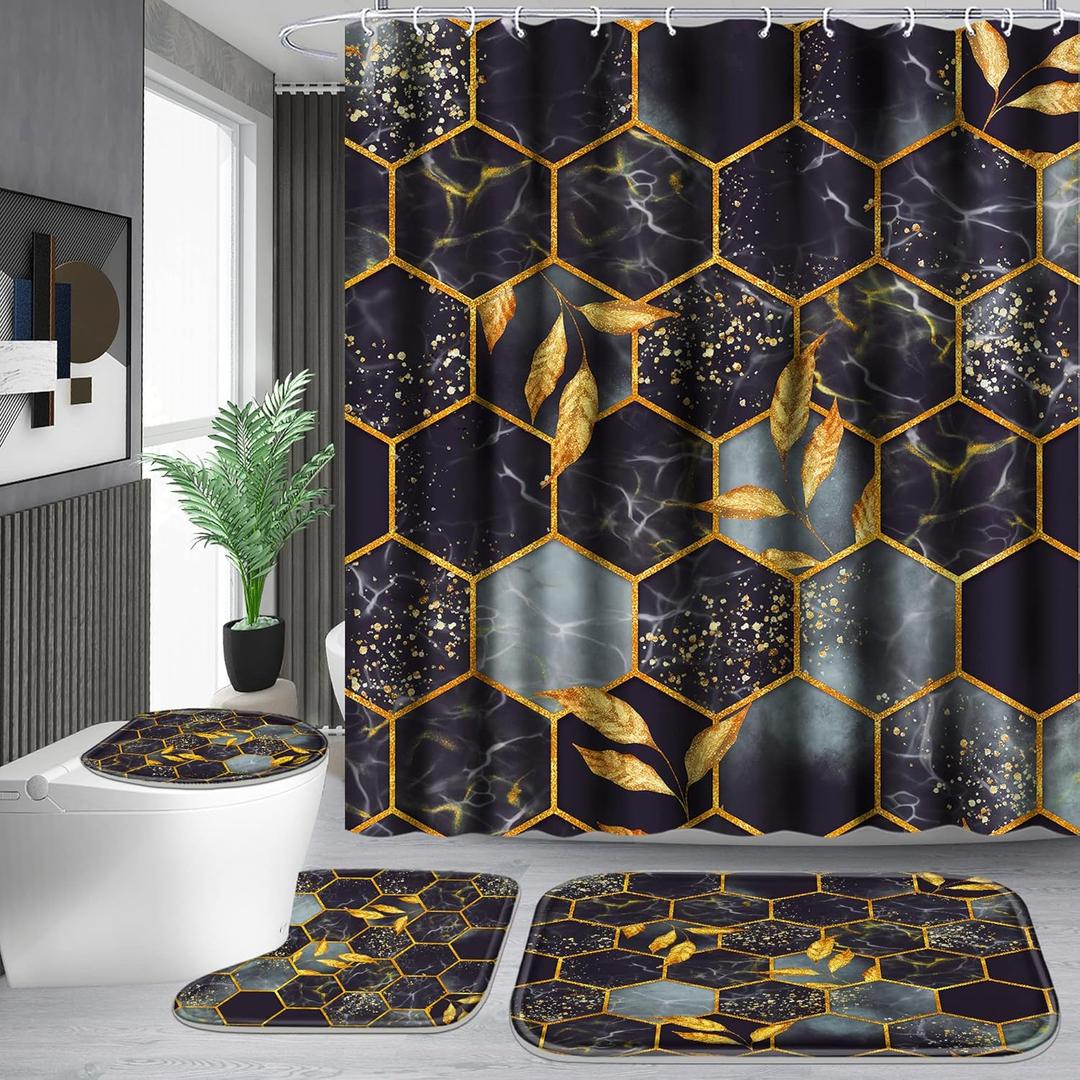 Poedist 4 Pcs Bathroom Shower Curtain Set,Bathroom Sets with Rugs(Bath Mat,U Shape and Toilet Lid Cover Mat) and 12 Hooks,Honeycomb Marble Grey Black