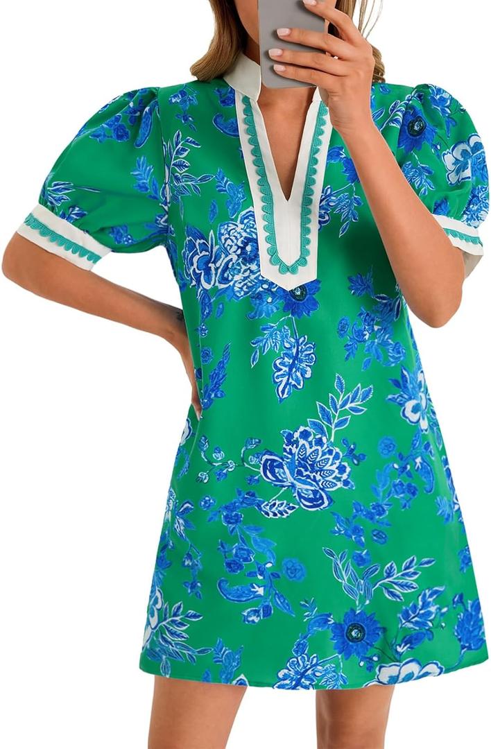Wenrine Womens Summer Mini Dress Casual Floral Puff Sleeve V Neck Color Block Loose Boho Beach Dresses with Pockets