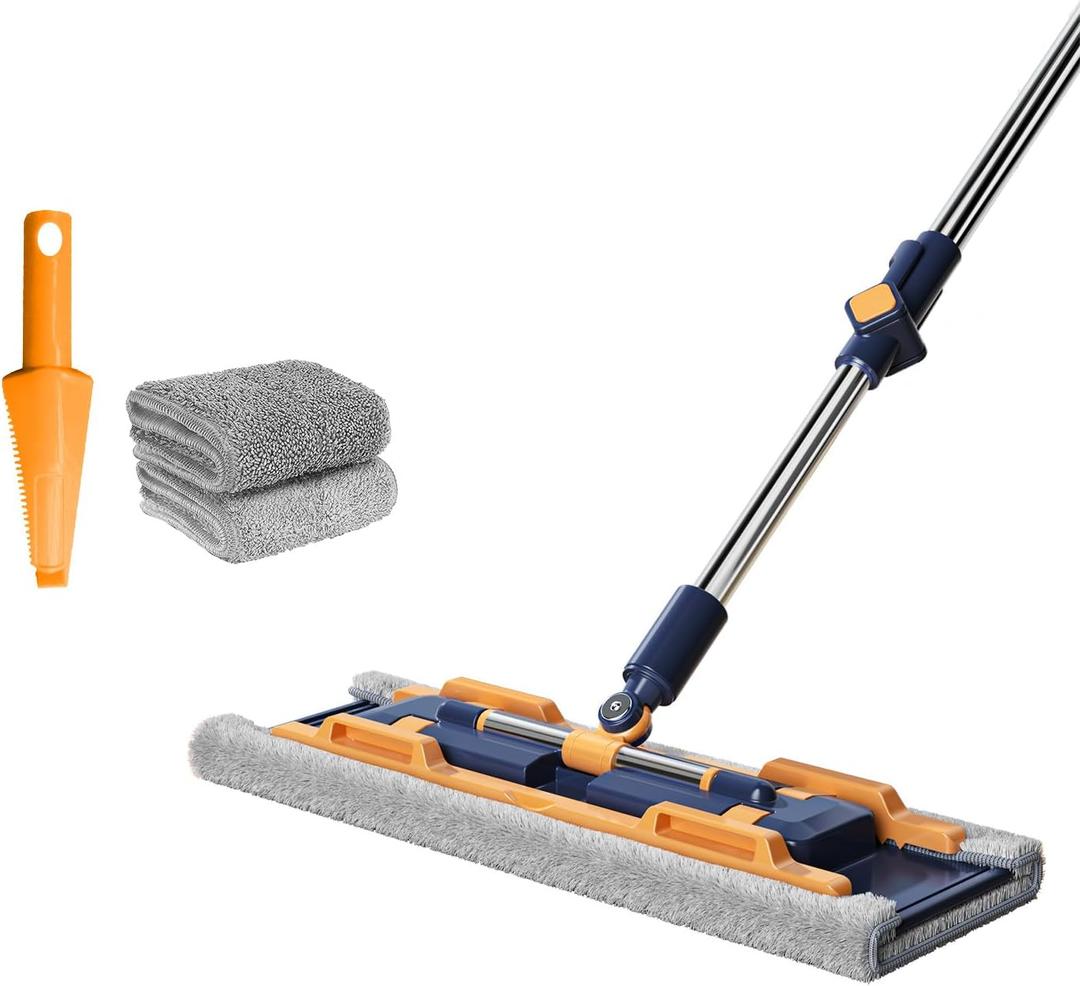 18" Microfiber Flat Mops for Floor Cleaning, Commercial Dust Mop for Hardwood Floors with Stainless Steel Handle - 2 Reusable Flat Mop Refills and 1 Dirt Removal Scrubber Included